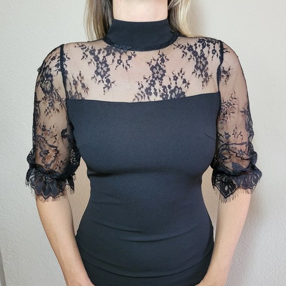 Shein Black Midi Dress Small Half Sleeve Lace Pencil Straight Mock Neck - Picture 6 of 6